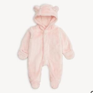 New Magnetic Me Pink Minky Pram Bear Hooded Winter Baby Footie Suit 6-9 Months